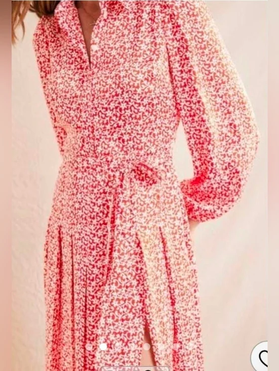 Boden Red Sateen Floral Button-Front Pleated Midi Dress - Size 14 - Picture 2 of 10